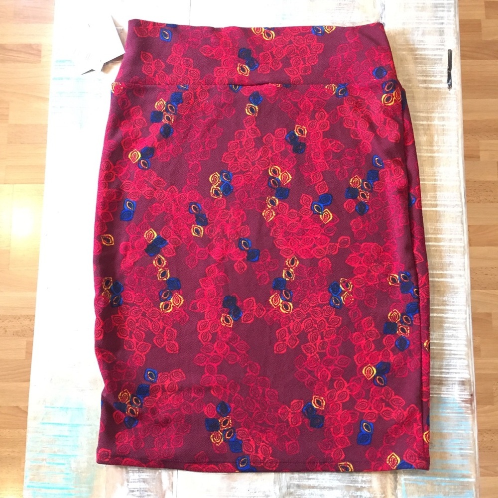 NWT Lularoe Cassie Pencil Skirt large red blue yellow leaf - Picture 2 of 7